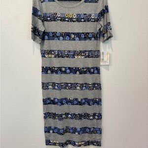 Brand New LuLaRoe Size L Gray and Blue Striped Julia Dress